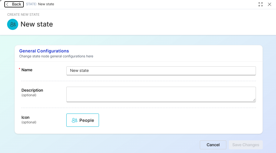 Create New State form showing Name, Description, and Icon fields
