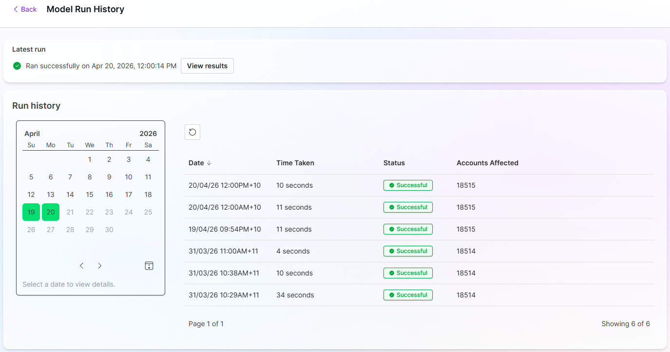 Run History page showing the Latest Run panel, a calendar view with indicators on dates where runs occurred, and a run list for the selected date