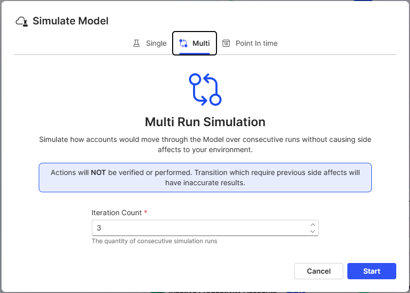 Simulation configuration screen showing Single run, Multi, and Point In Time options with a Start button
